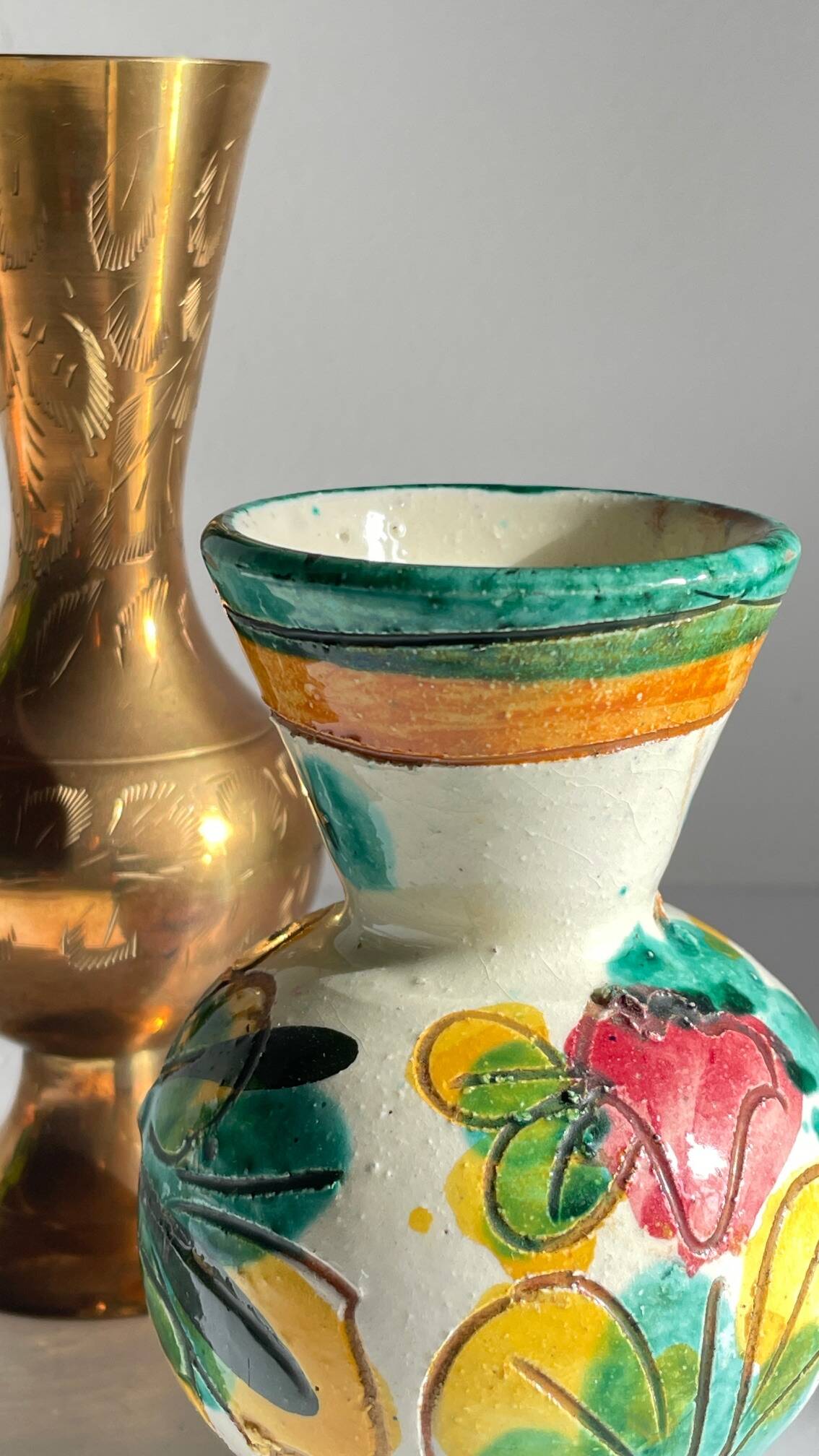 Vases céramique artisanale laiton ciselé vintage