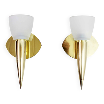 Pair of leola brass and glass wall lights, italy 1970