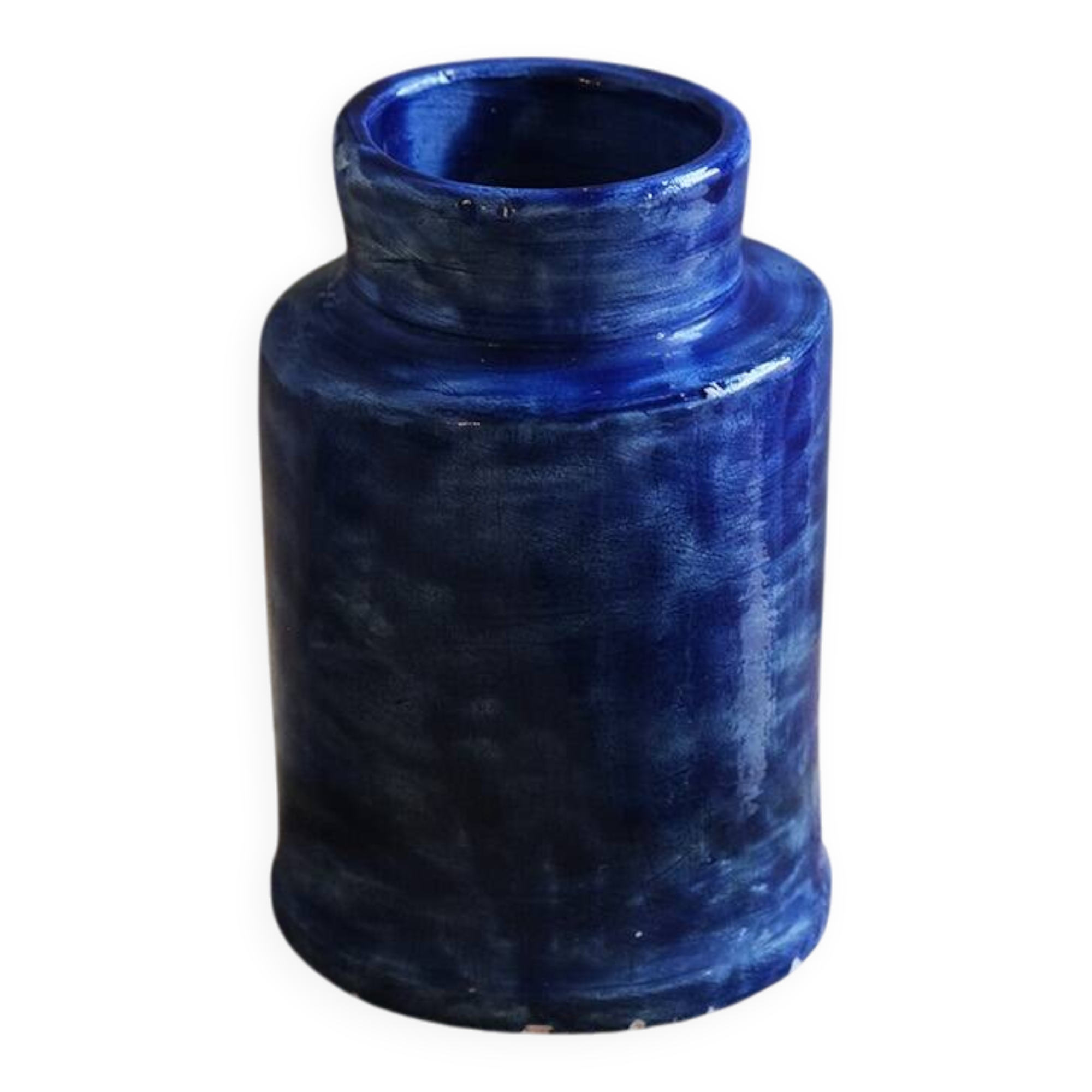 Blue glazed clay vase, handmade, unique piece.
