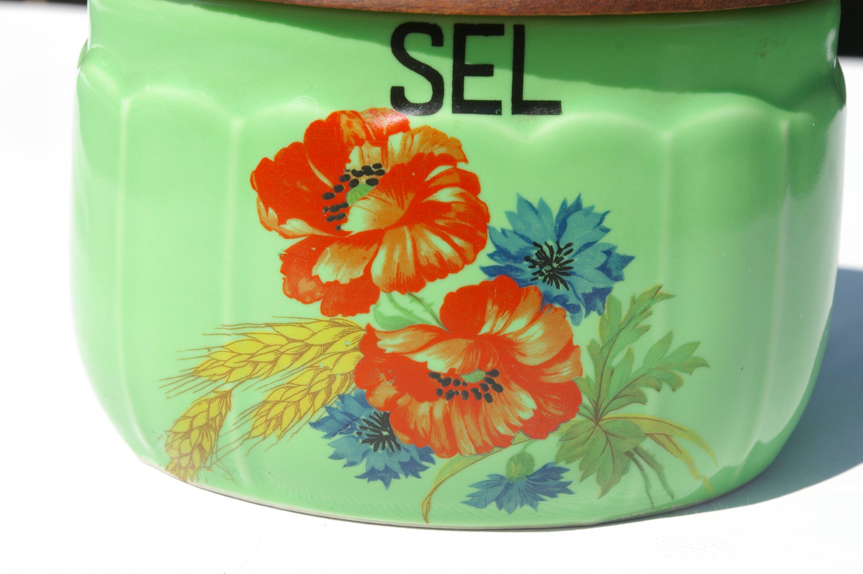Vintage Ceramic and Wood Salt Box - Rare green color