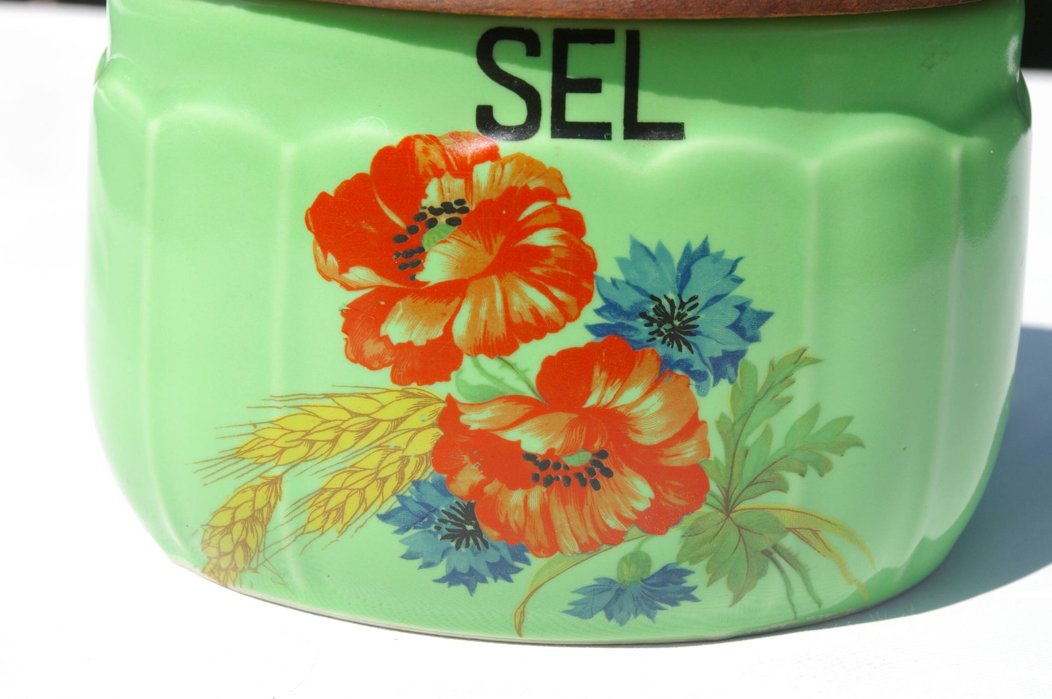 Boîte à Sel vintage en céramique et bois - Rare couleur verte