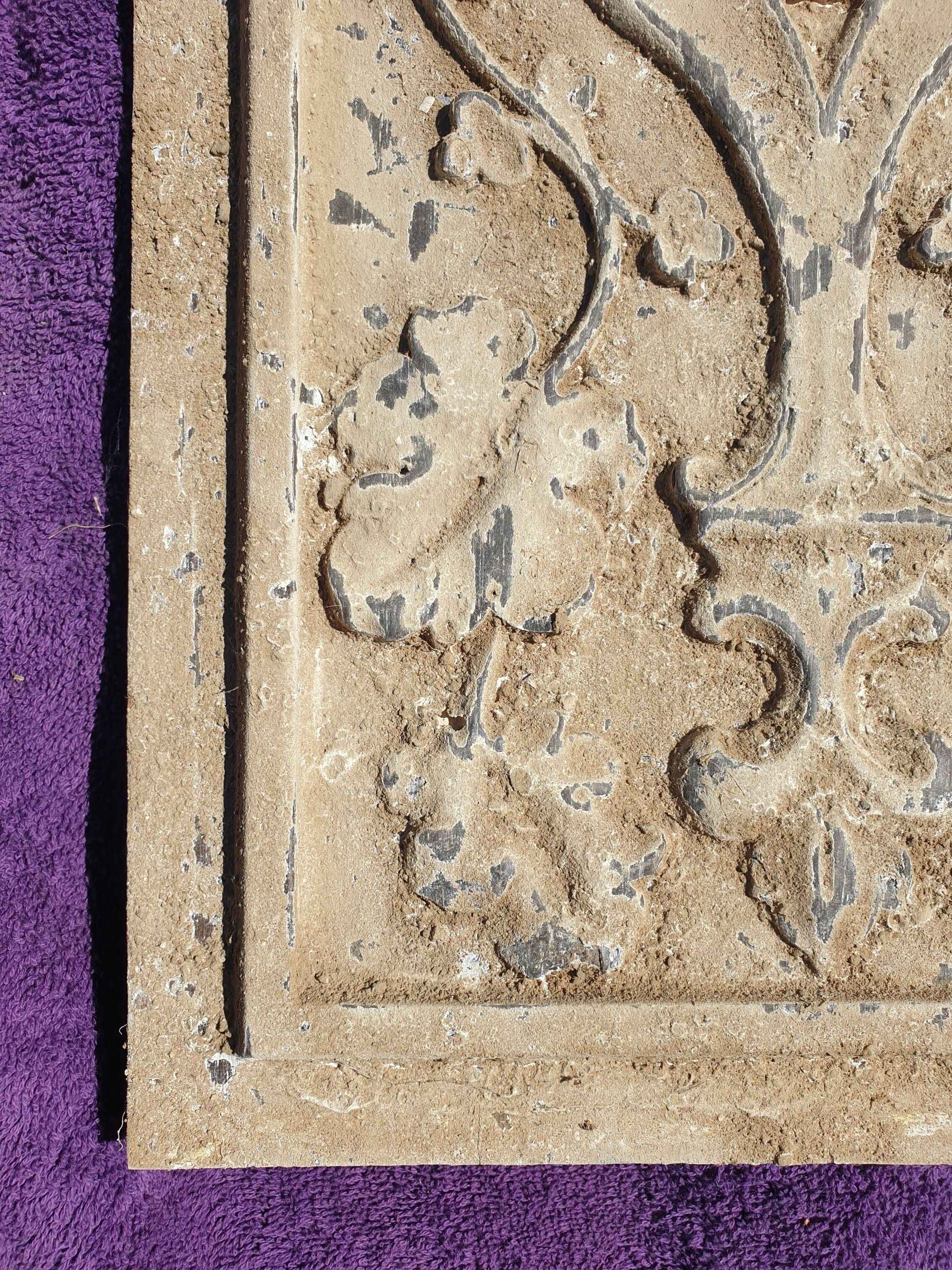 Polychrome carved wooden panel, wall element, old object