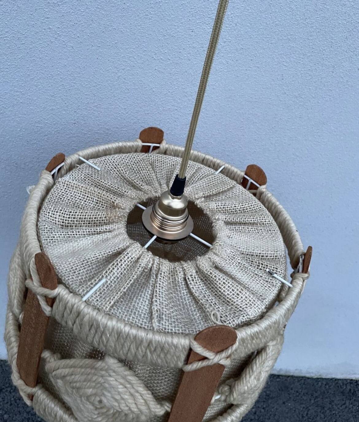 Scandinavian style jute and wood pendant light