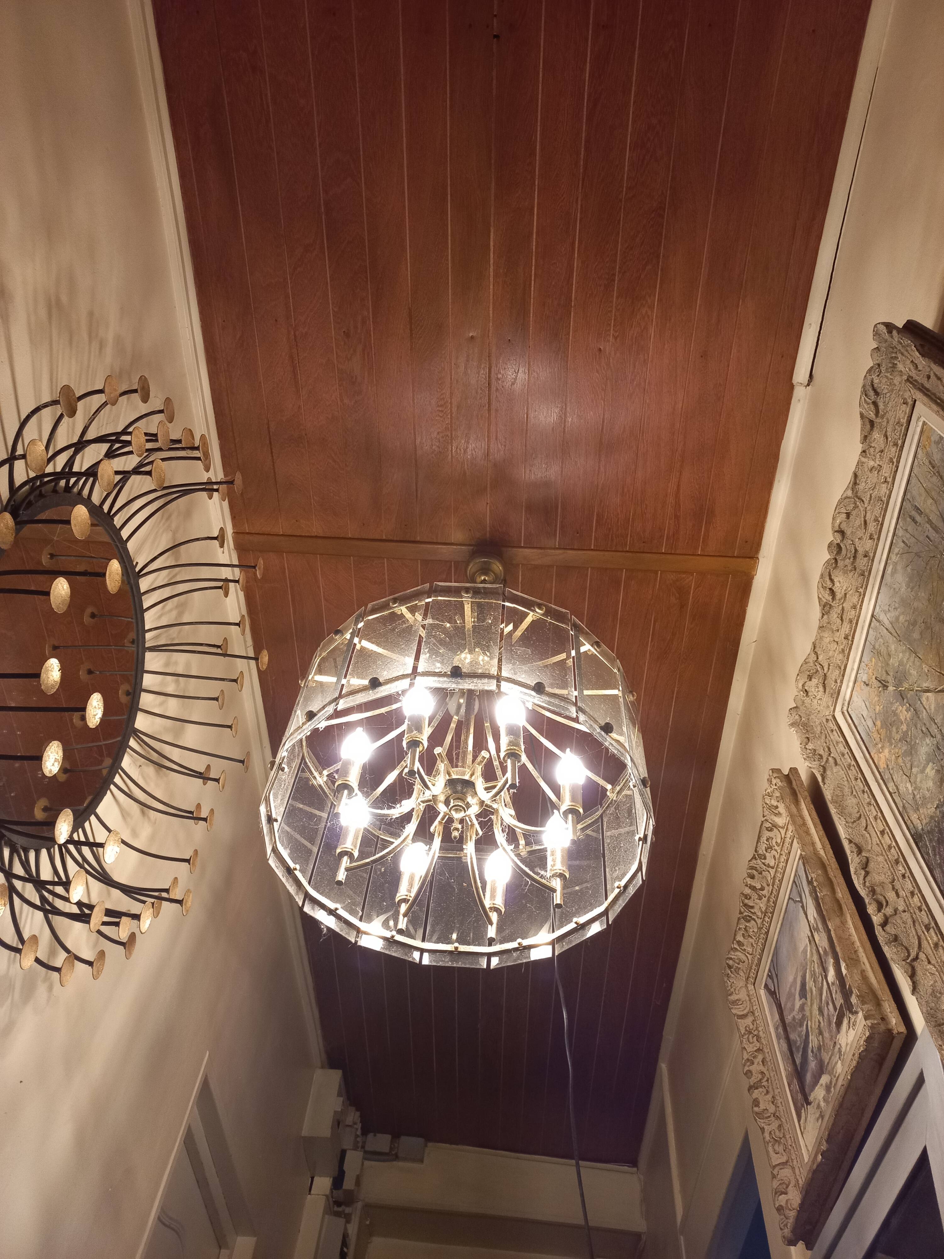 70s designer chandelier with smoked glass plates and gold metal frame