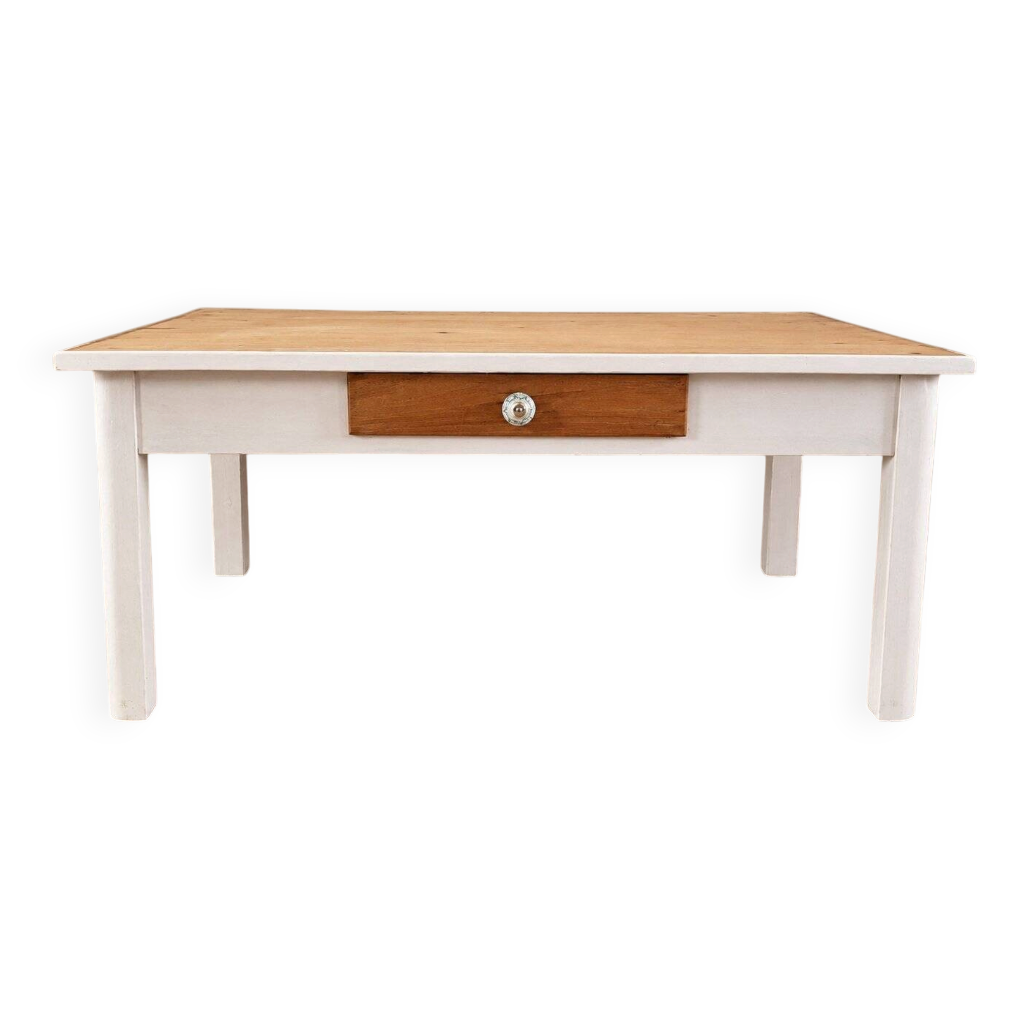 Chic country coffee table, pine wood, drawer with floral porcelain knob.