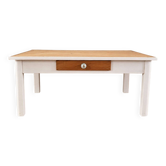 Table basse campagne chic bois pin tiroir bouton porcelaine florale