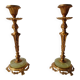 Pair of neoclassical candle holders in gilded bronze and green onyx, bust of