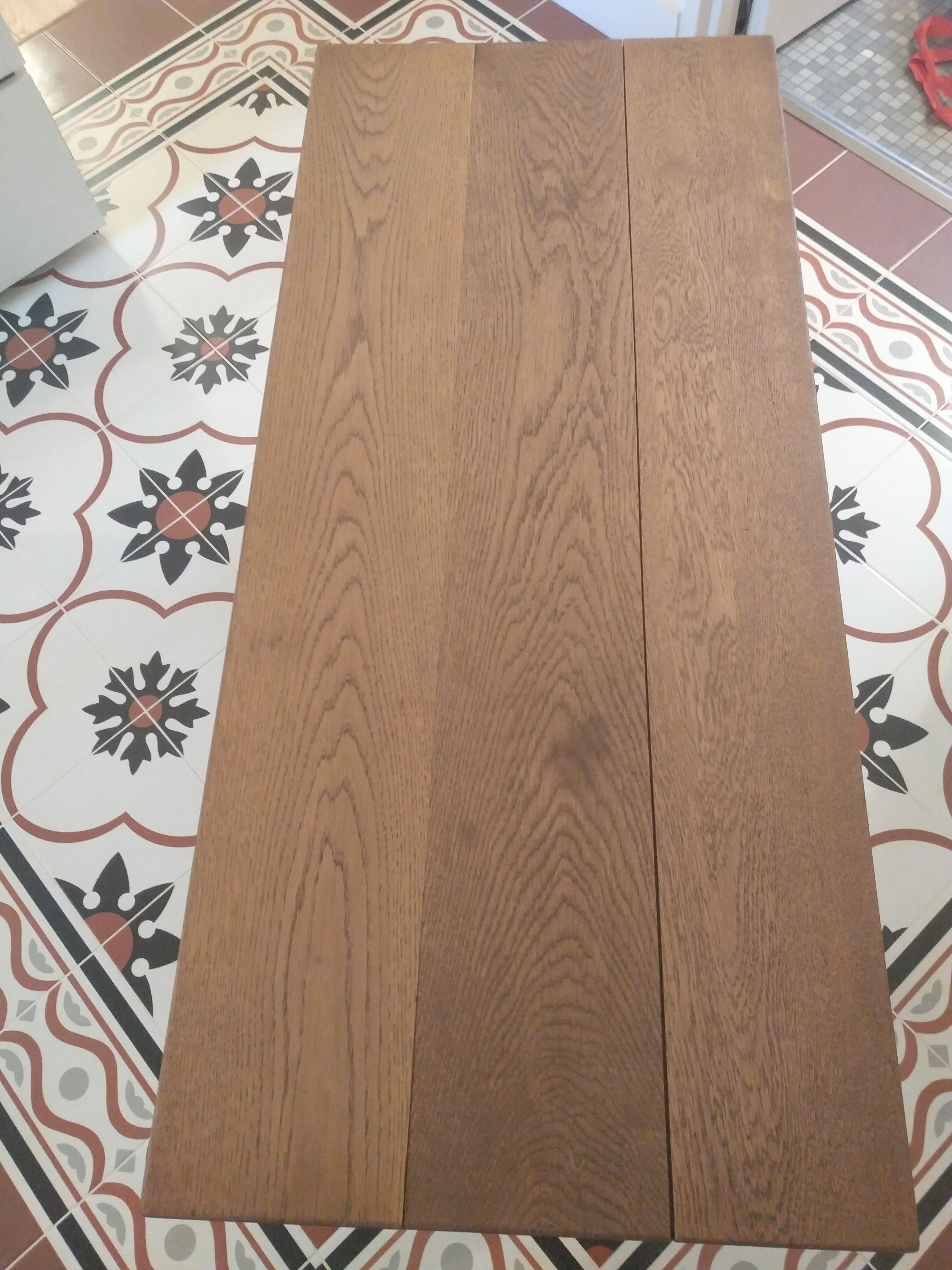 Coffee table, wooden top, wrought iron legs