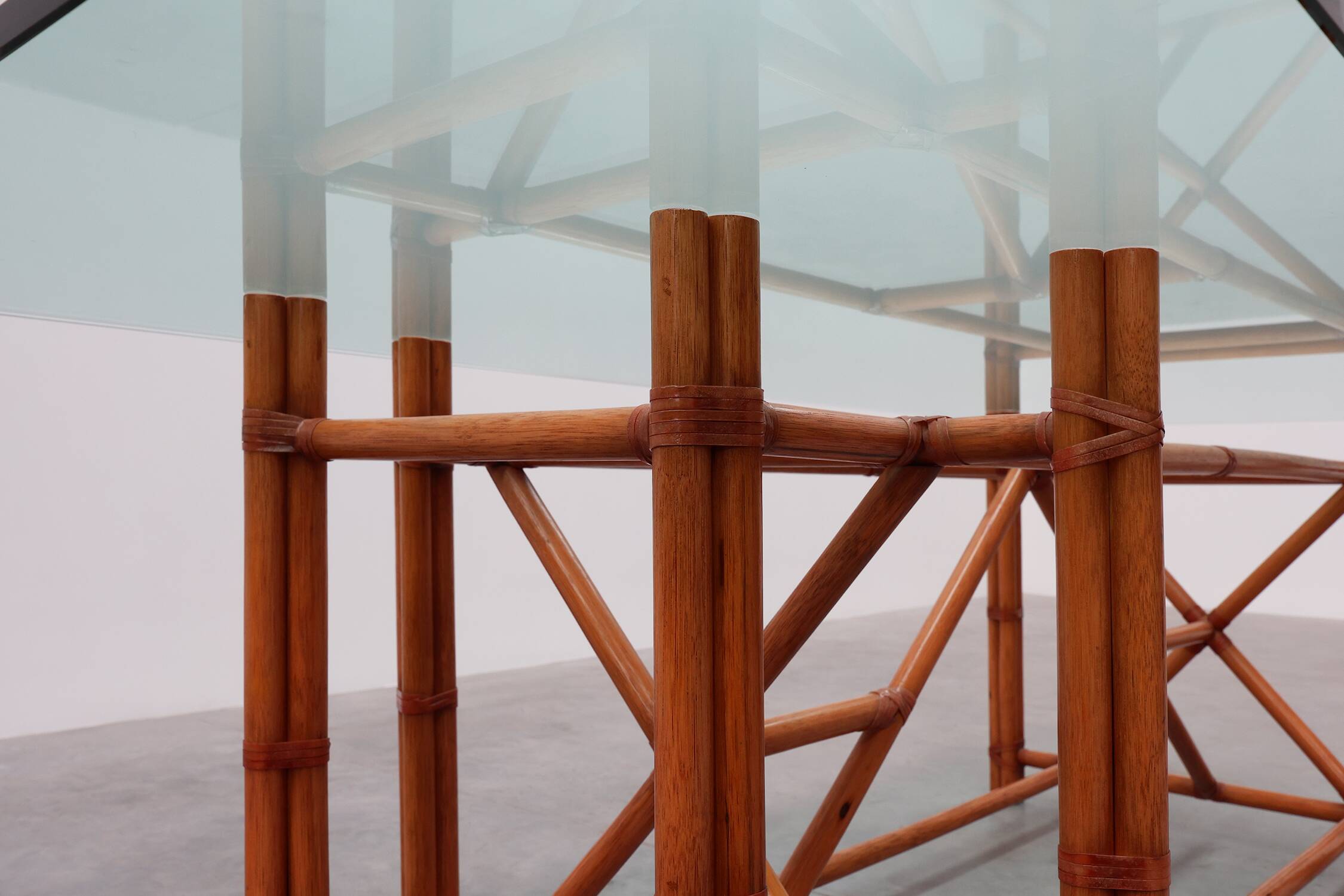 Large monumental bamboo dining table with glass top by Gasparucci, Italy