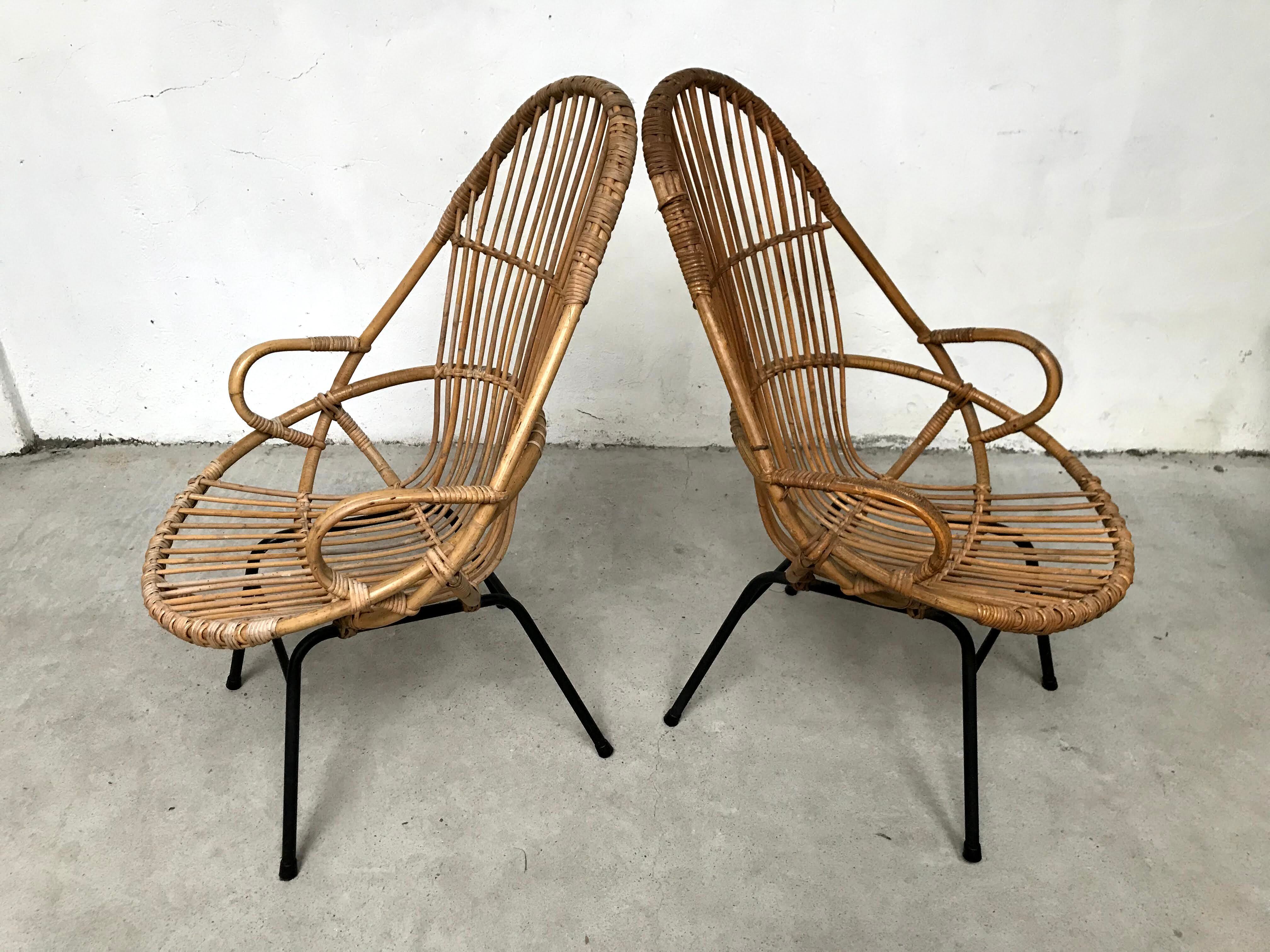 Pair of vintage rattan and bamboo shell chairs 1960s