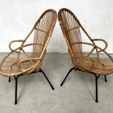 Pair of vintage rattan and bamboo shell chairs 1960s