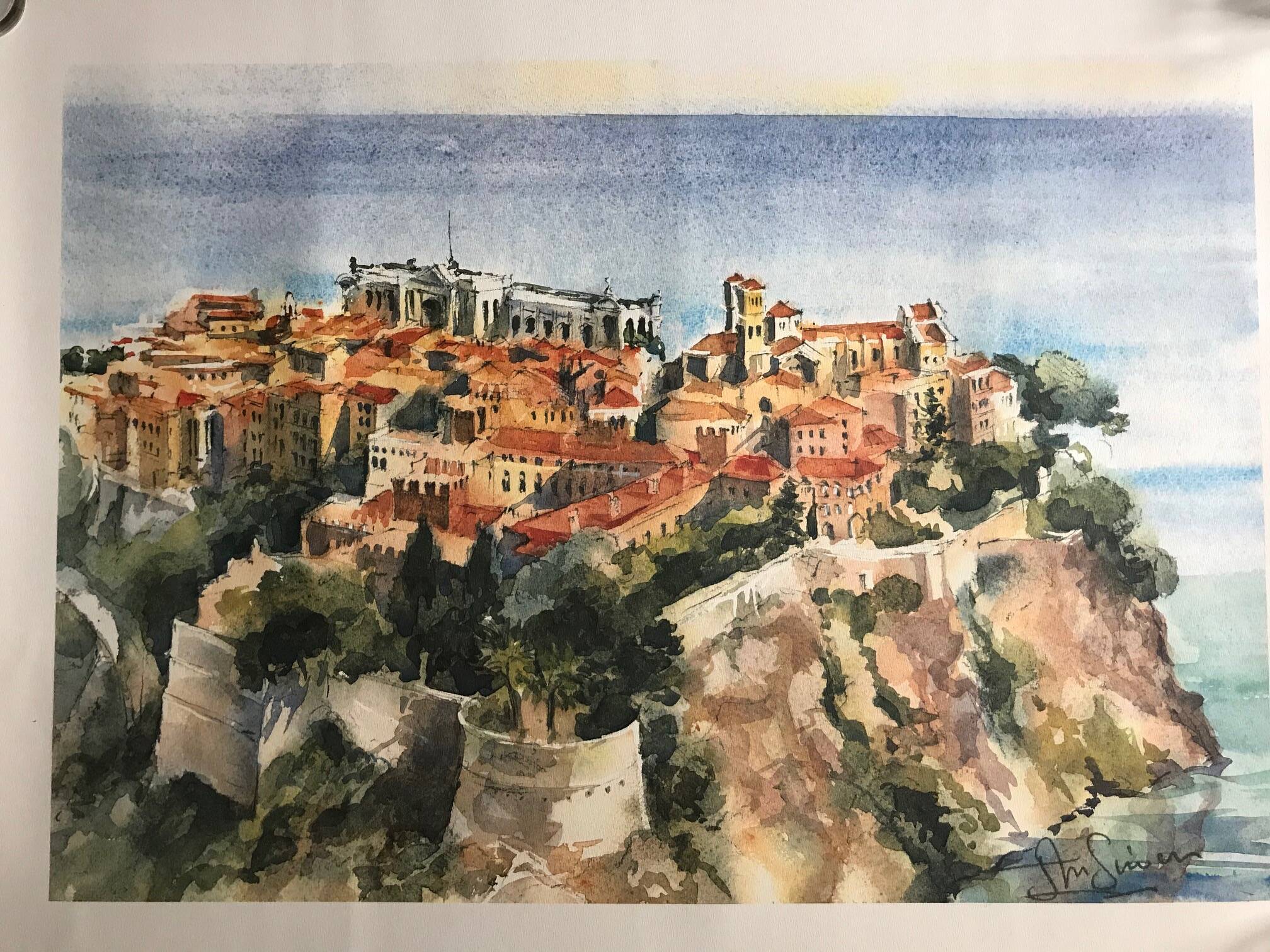 Lithograph Monaco the Palace signed Jean-Marie Simon 20th century
