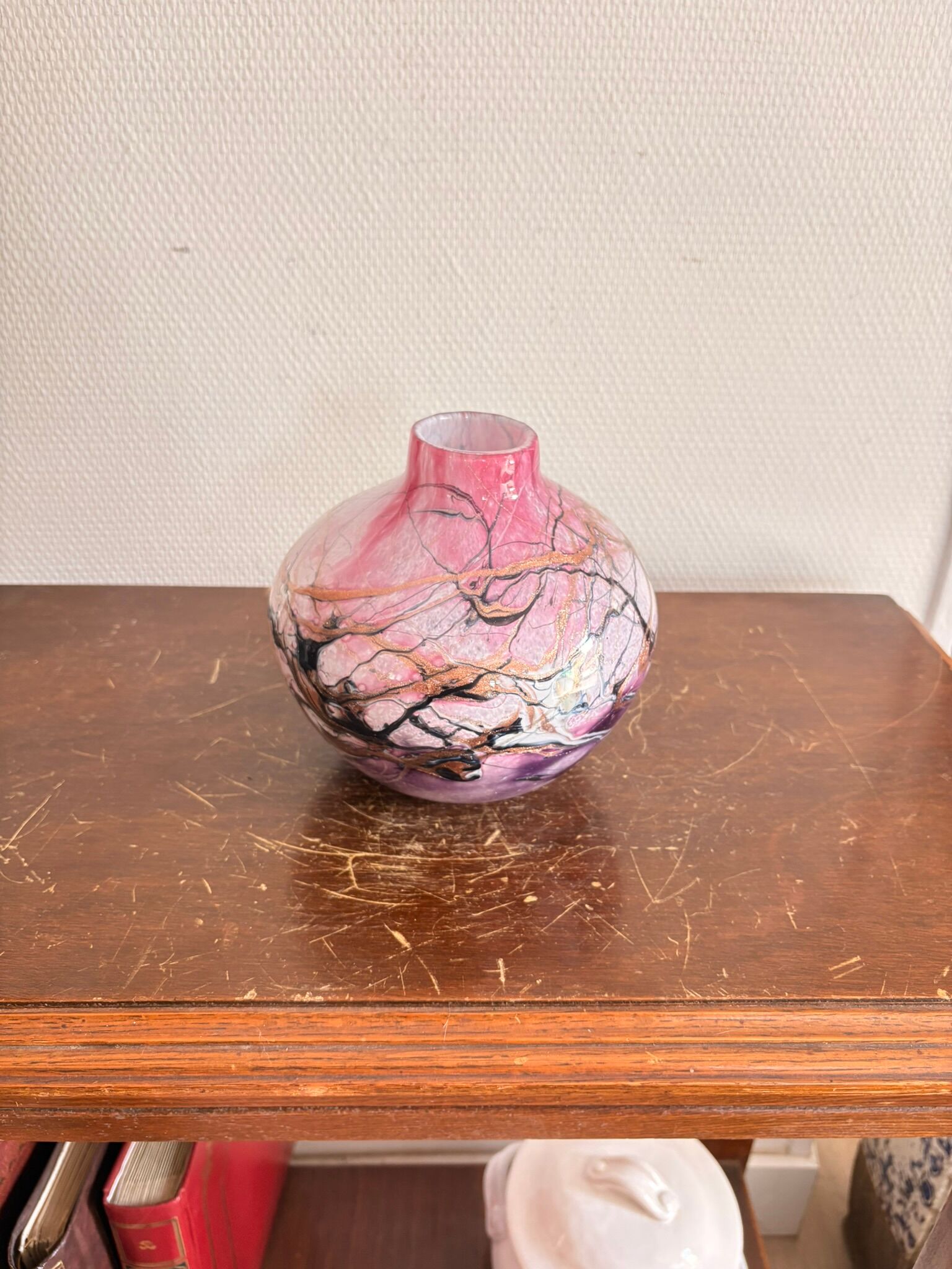Michele Luzoro Round Vase Biot Glassworks Blown Glass Rose Gold Inclusion