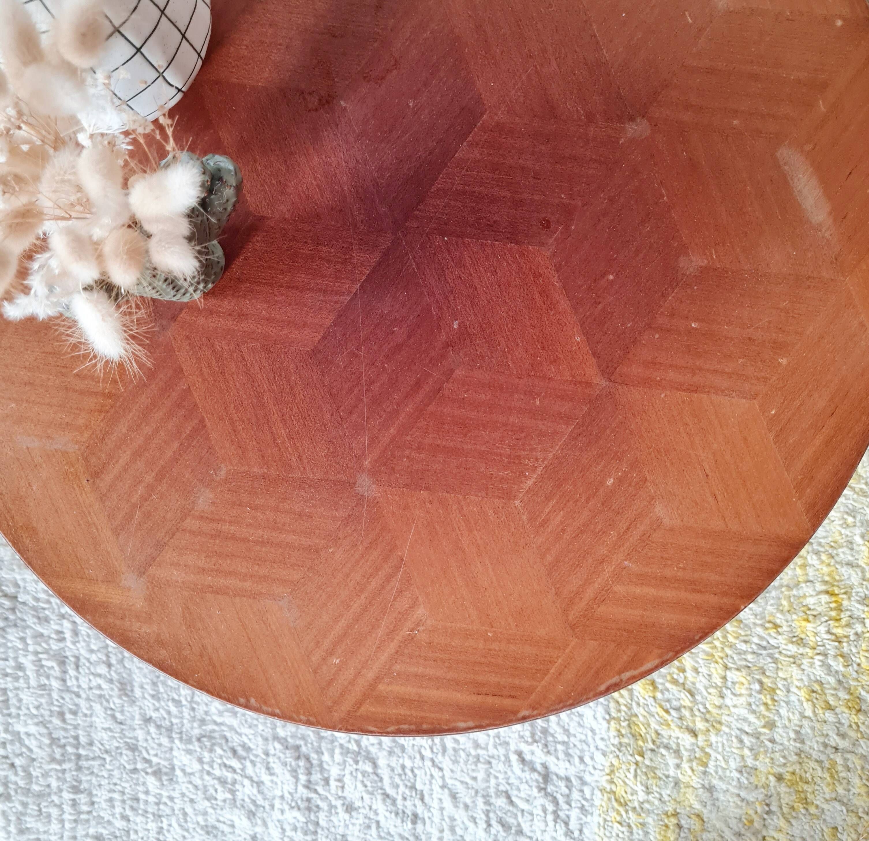 Vintage tripod side table, marquetry diamond-pattern top.