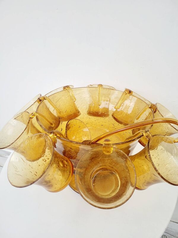Service à punch vintage verre soufflé Biot ambré