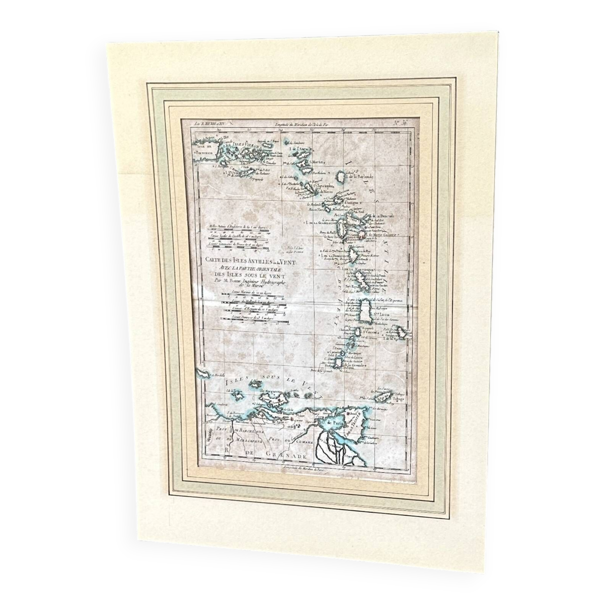 Watercolor map of the Antilles - Engraving from 1785