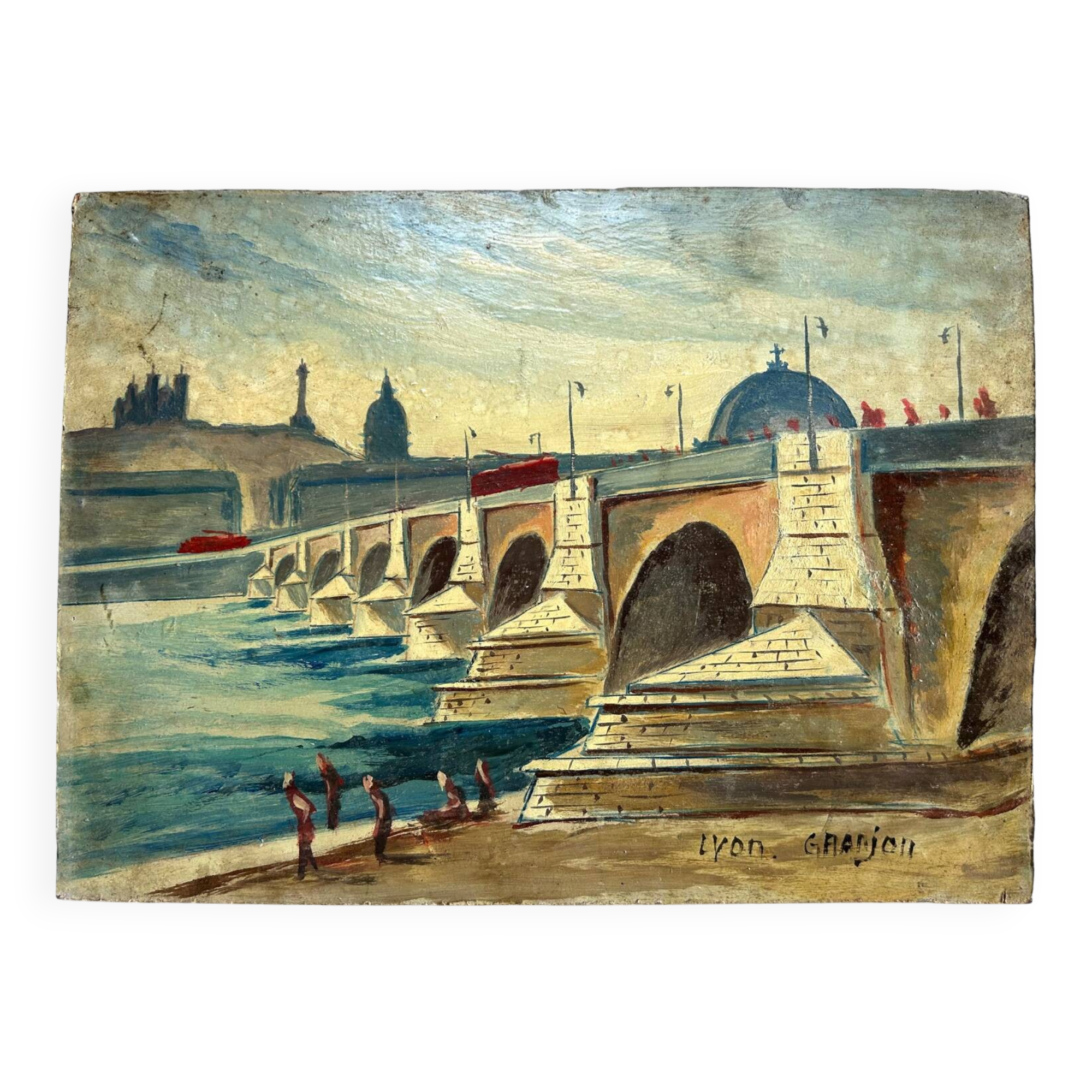 Vue de Lyon, huile sur panneau, 20e siècle, signé Granjon.