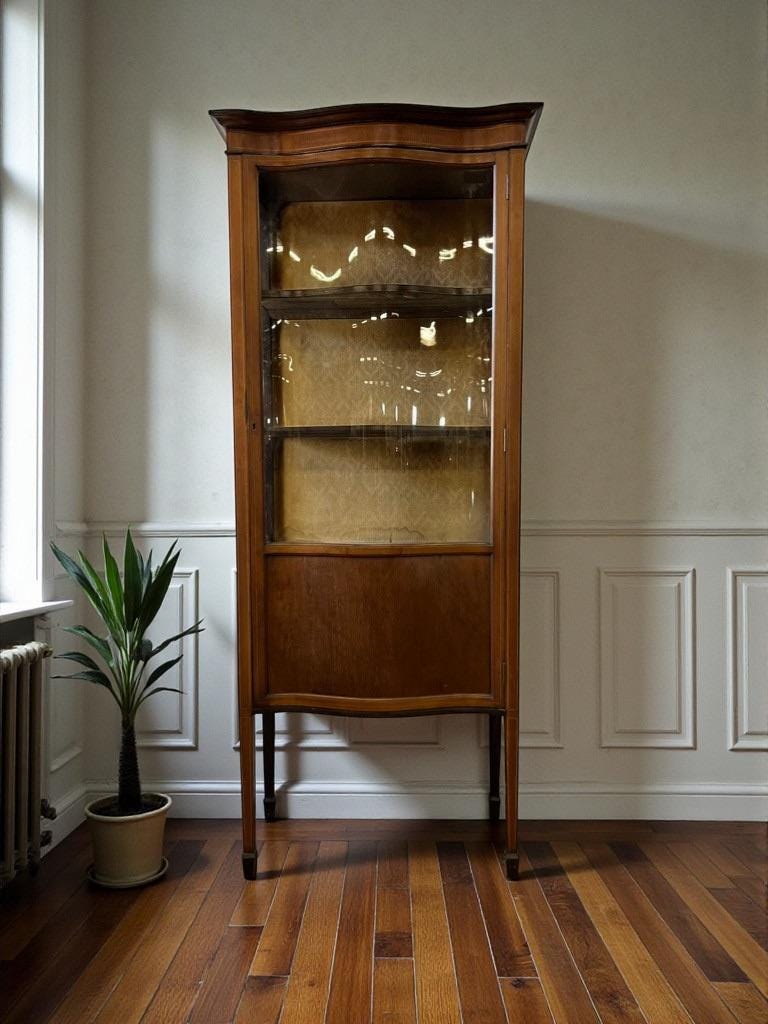 vintage wooden display cabinet with curved glass