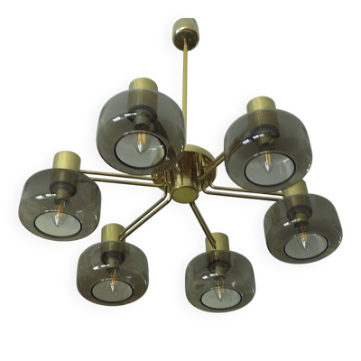 Grand lustre en laiton et en verre par Hans-Agne Jakobsson, Suède, années 1960.