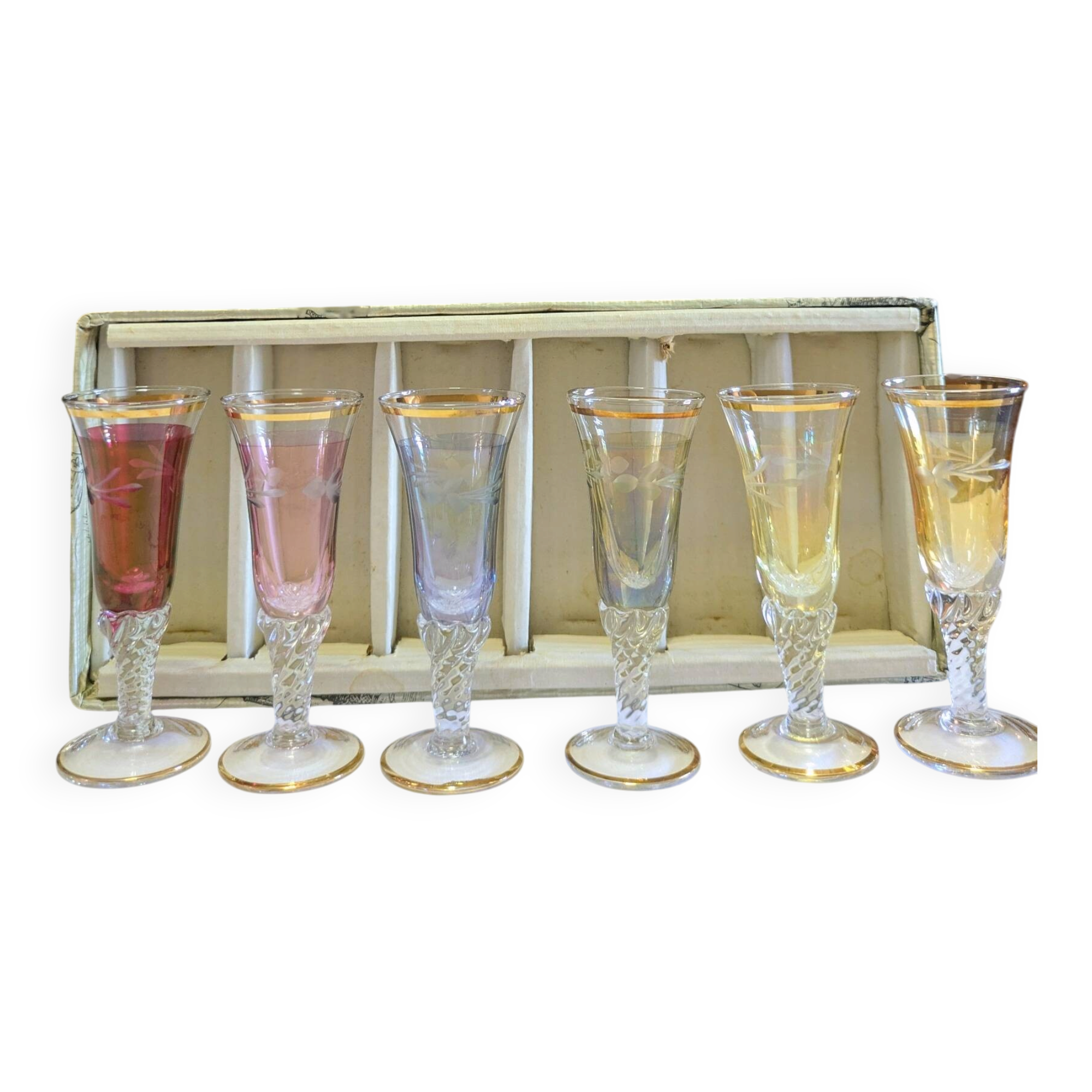 Vintage liqueur glasses in perfect condition in their original box.