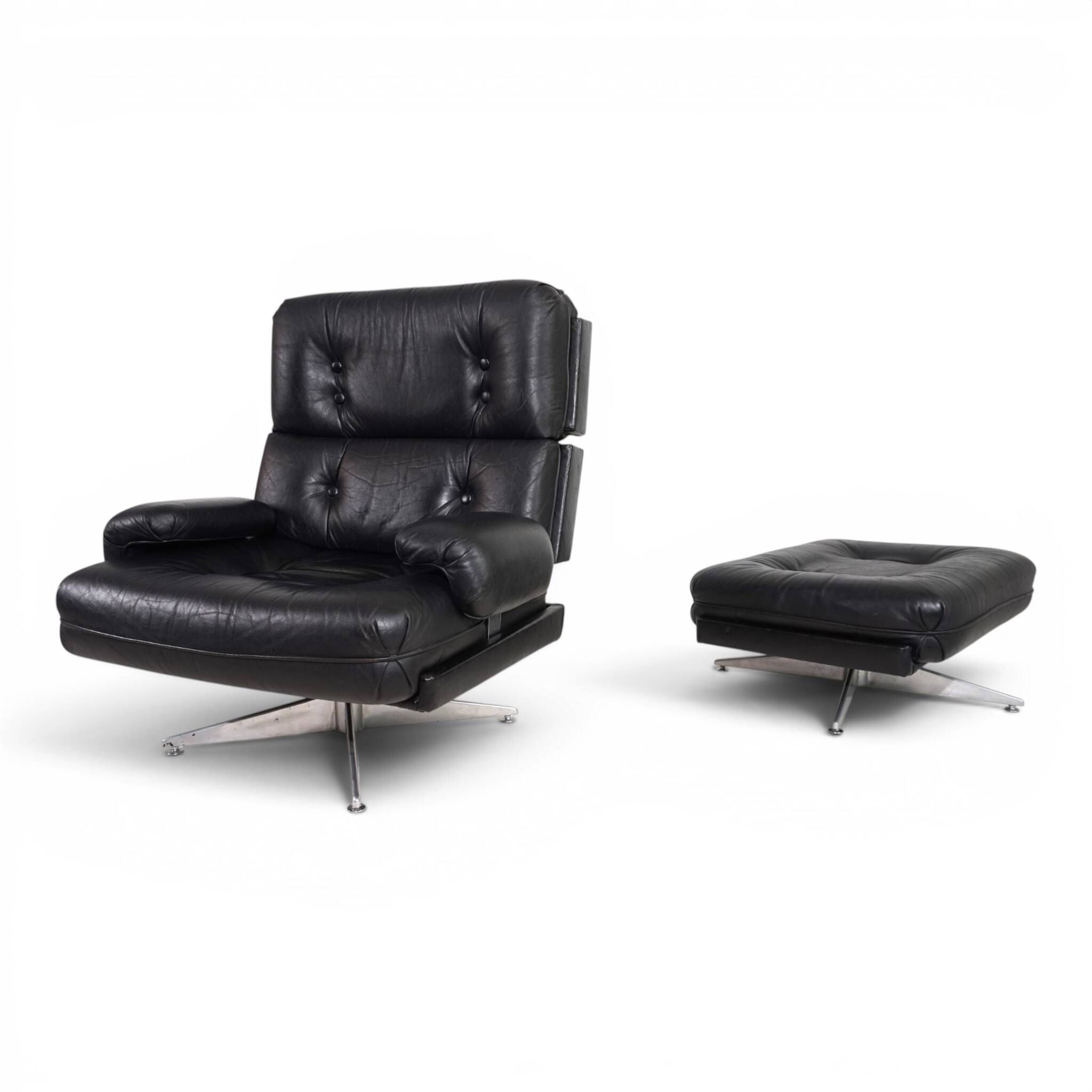 Howard Keith Kohinoor Leather Armchair with Ottoman for HK Furniture, 1970