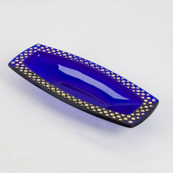 Cobalt blue glass cup gilded relief decoration, rectangular, 1960