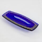 Coupe en verre bleu cobalt décor en relief doré rectangulaire,1960
