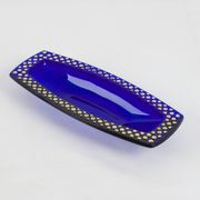 Coupe en verre bleu cobalt décor en relief doré rectangulaire,1960