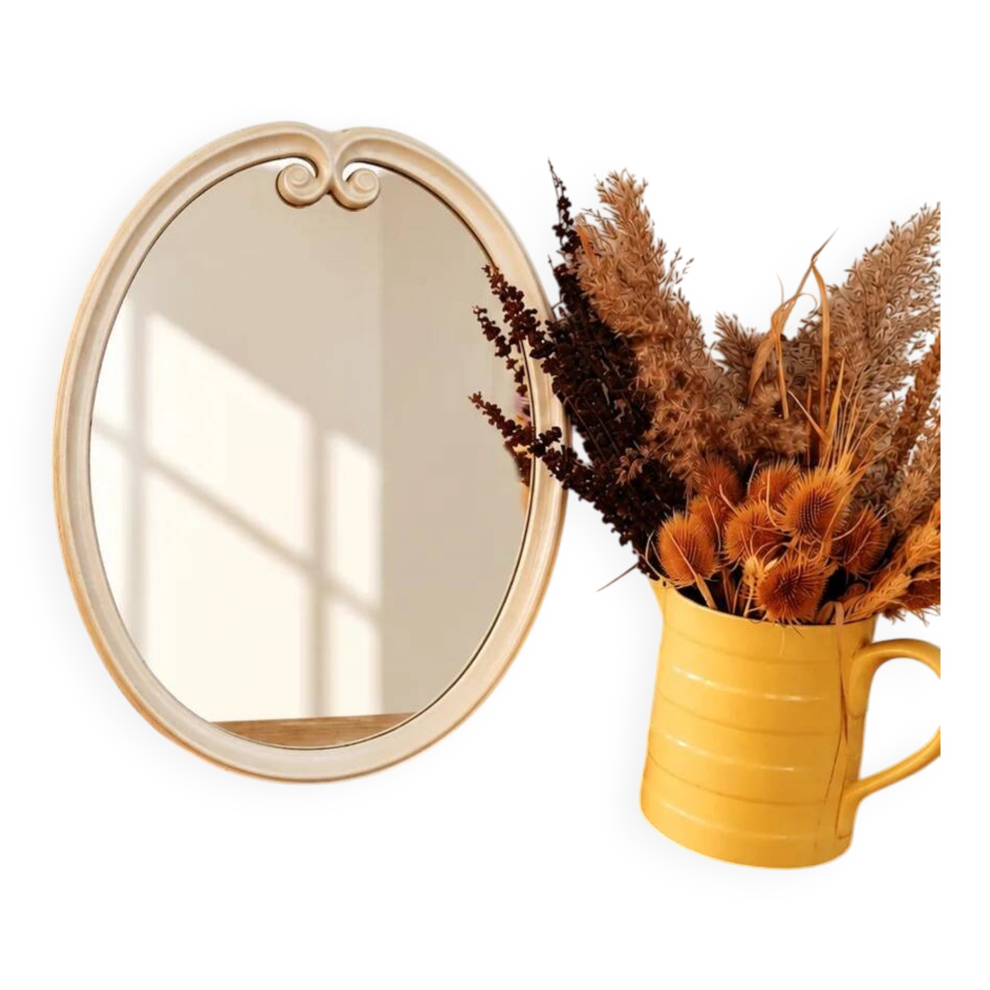 Grand miroir ovale vintage en métal émaillé blanc