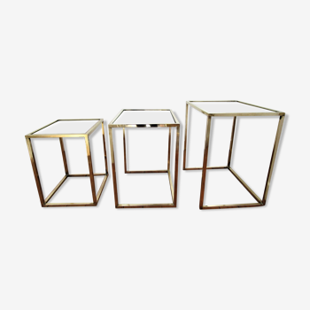 Three coffee tables trundle brass and glass black design 70s