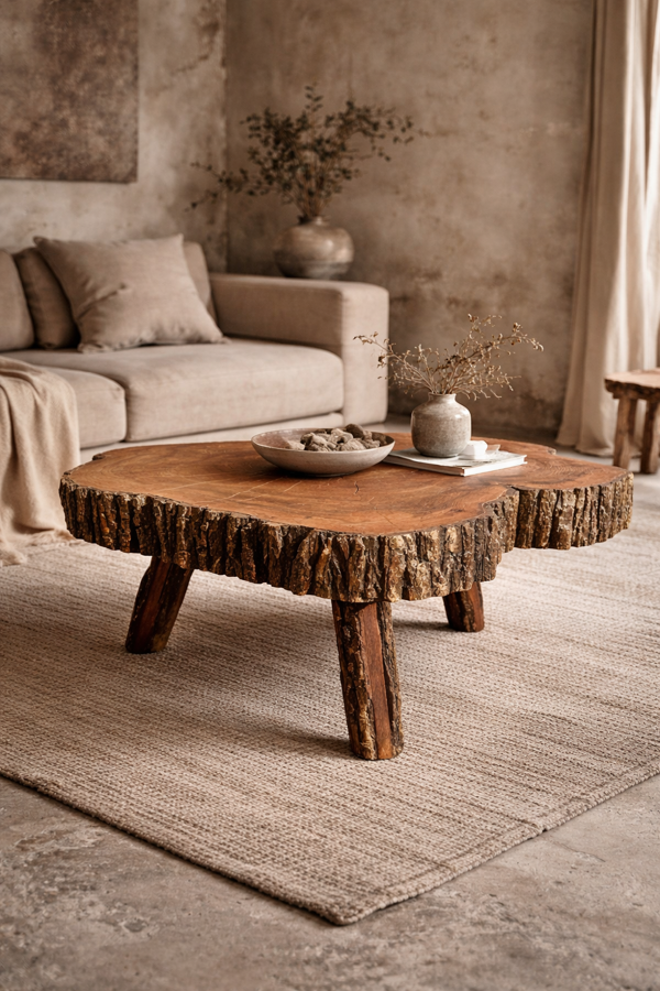 Grande table basse brutaliste monoxyle tronc de cèdre 1960