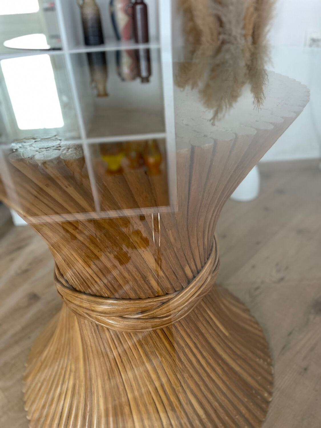 McGuire Bamboo Table – wheat sheaf base, round glass top