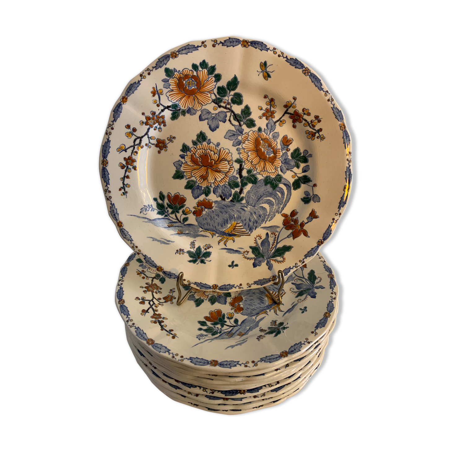 11 flat plates Rooster with Peonies, Gien earthenware