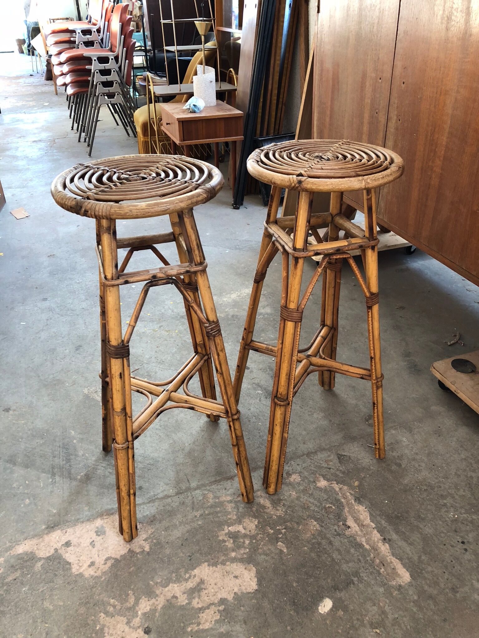 Set of 2 vintage rattan stools