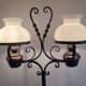 Antique double globe opaline floor lamp, wrought iron, rustic vintage style.
