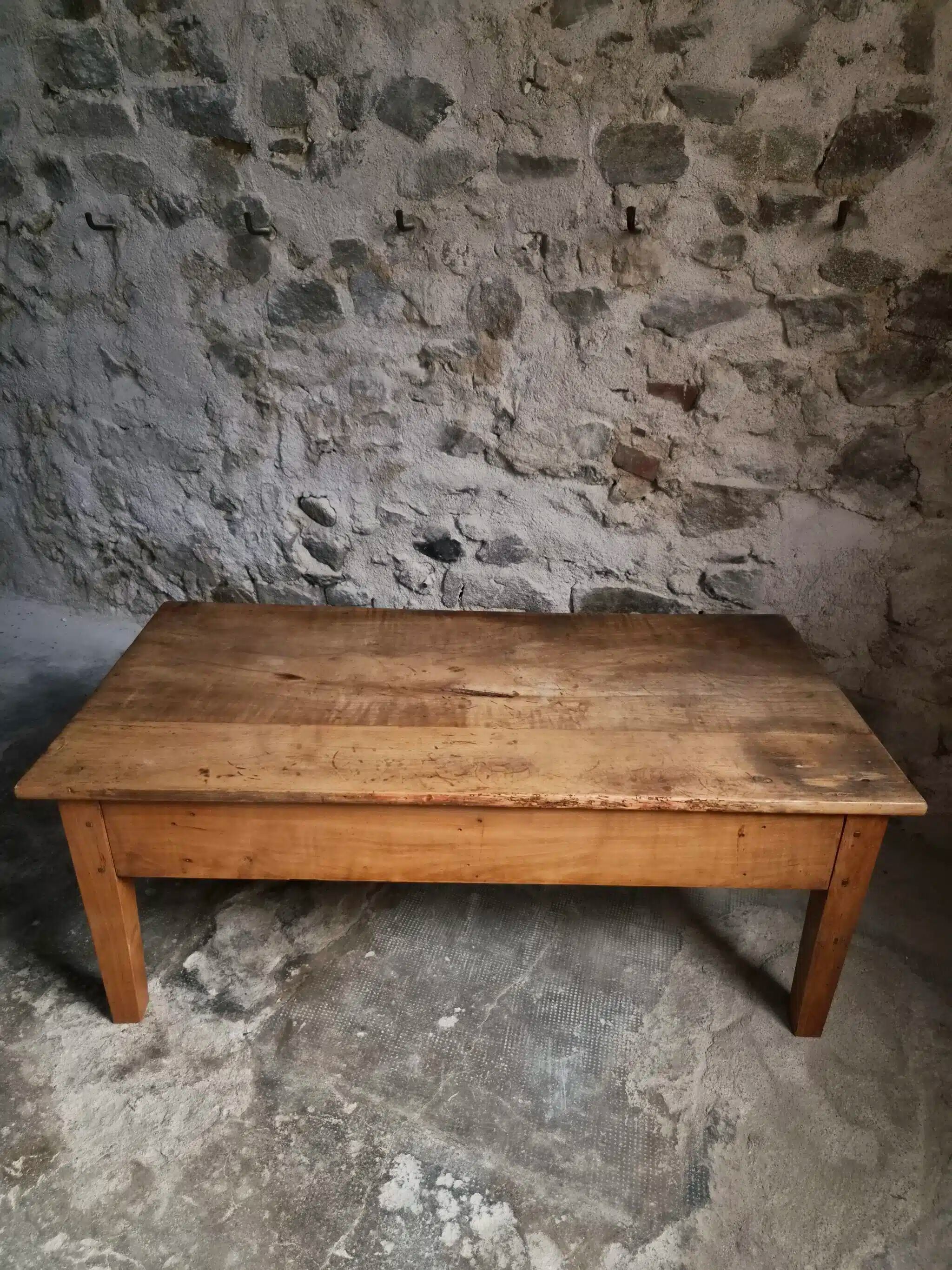 Antique French coffee table, 18th-century cherry farmhouse table with a drawer.