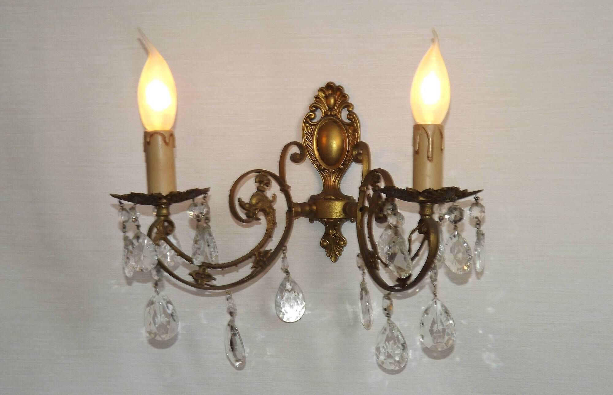 French Vintage Double Bronze & Crystal Wall Light - Stylized Dolphin Detail