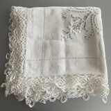 Old embroidered square tablecloth bordered bobbin lace