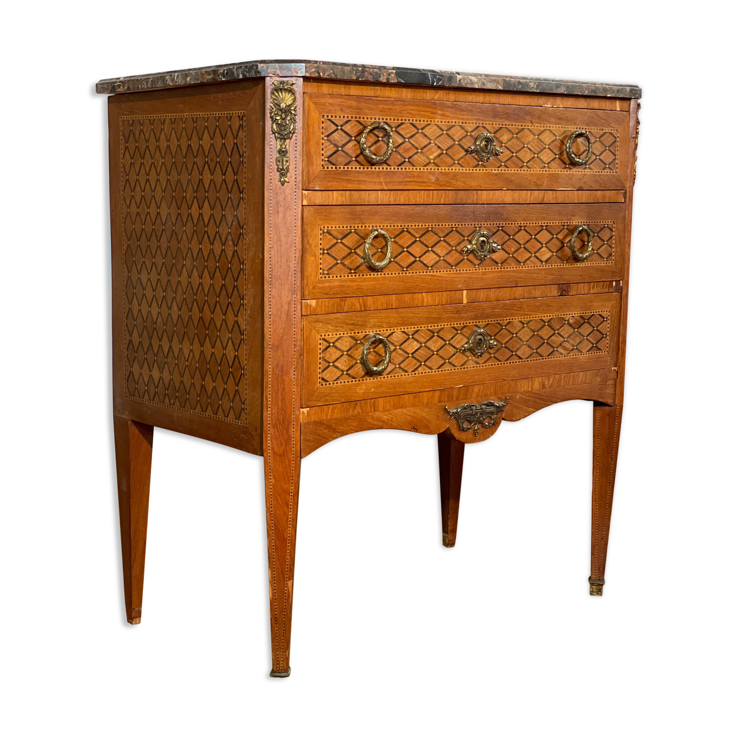 Commode antique avec intarsia &plateau en marbre
