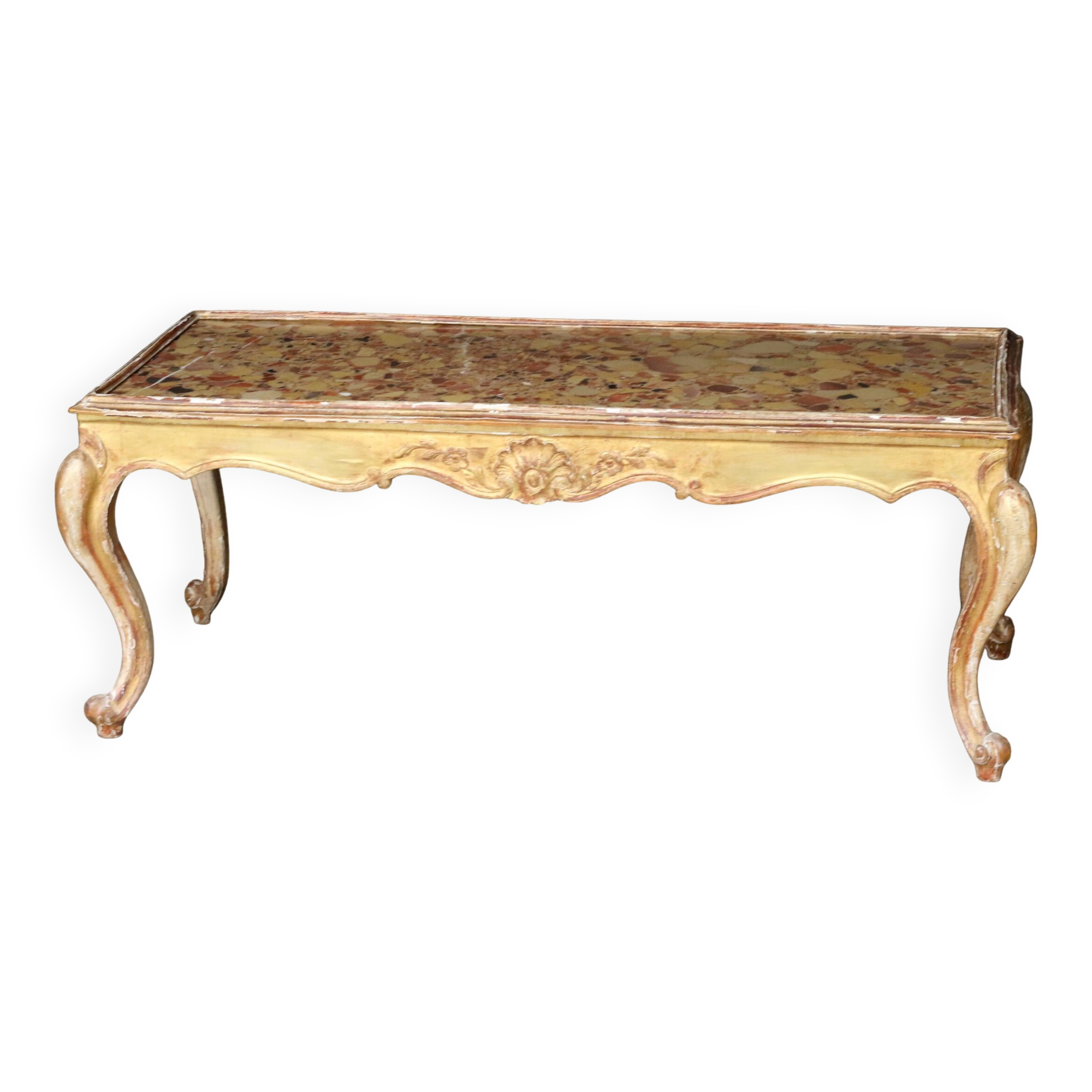 19th century coffee table. Gilded stucco and marble.