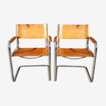 Pair of Matteo Grassi armchairs in full leather tawny flower and chrome