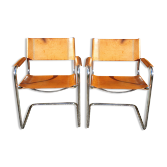 Pair of Matteo Grassi armchairs in full leather tawny flower and chrome