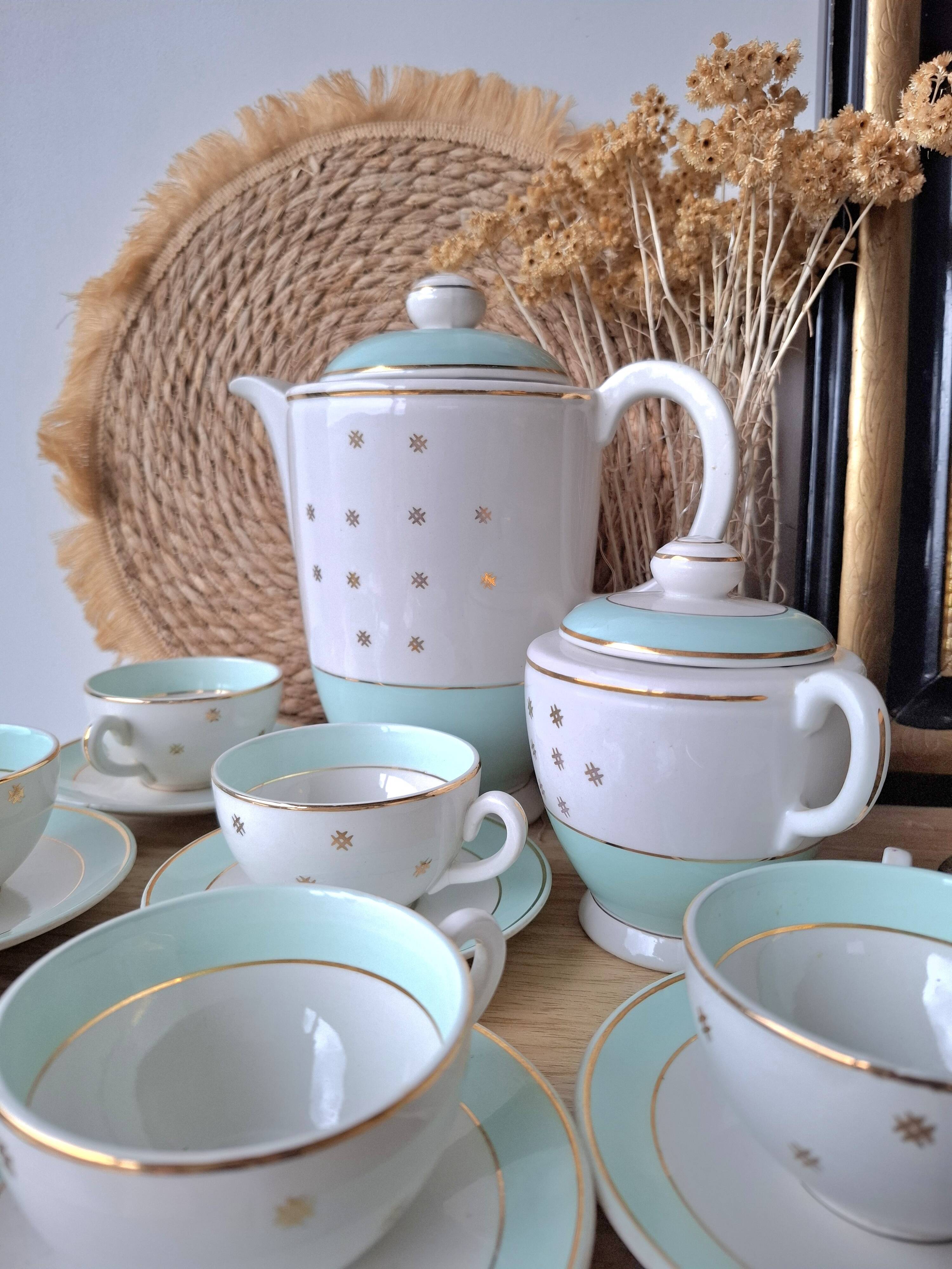 Vintage white and aqua tea service - gold trim - Luneville