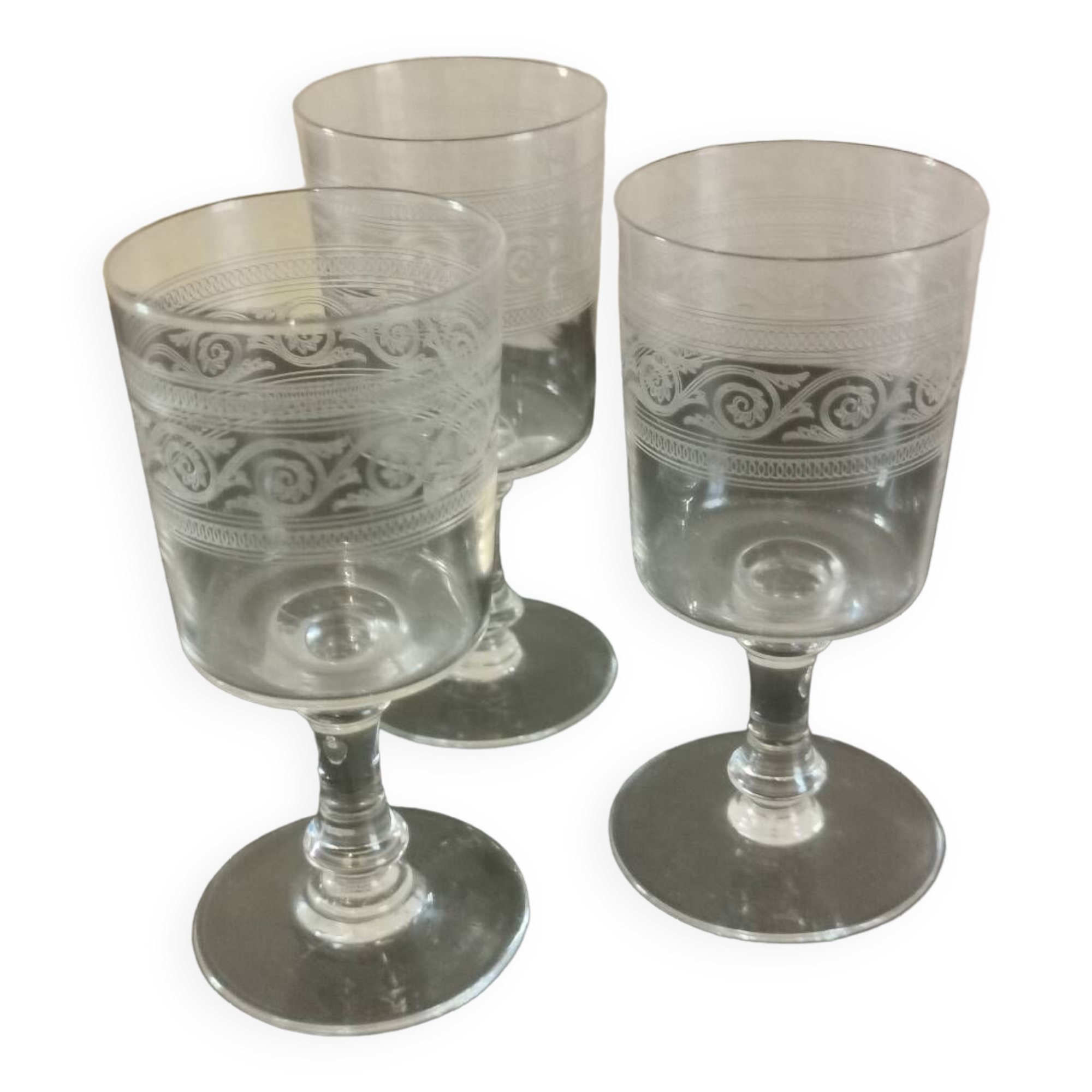 Blown and engraved art deco crystal wine glasses