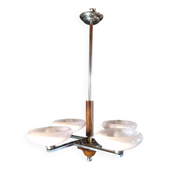Superb Art Deco chandelier from the 1950s – chrome & pink opaline