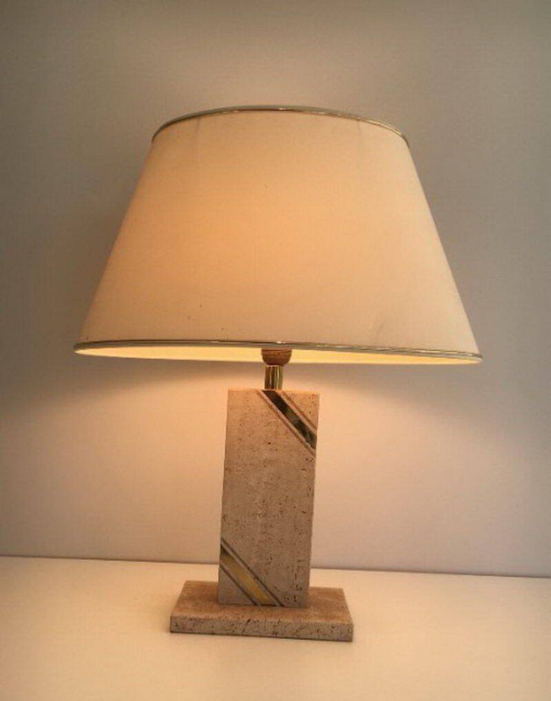 Travertine lamp with brass inlay