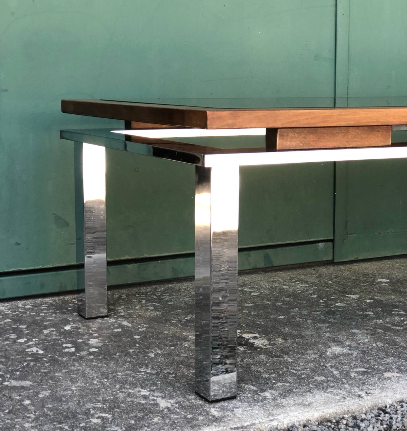 Vintage rectangular coffee table 1970 chrome, wood & smoked glass