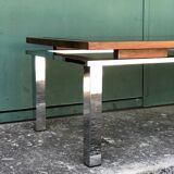 Vintage rectangular coffee table 1970 chrome, wood & smoked glass