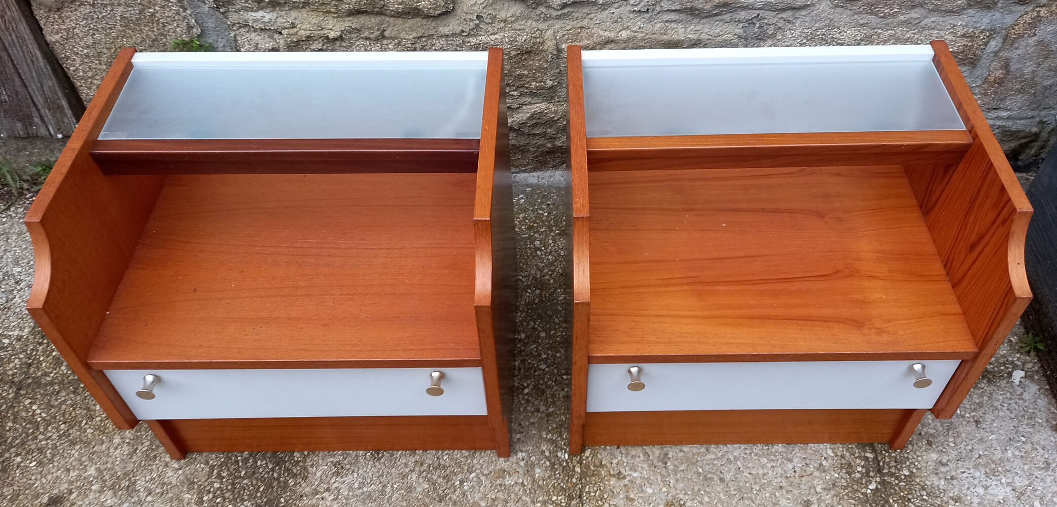 Pair of vintage bedside tables 70s teak and glass