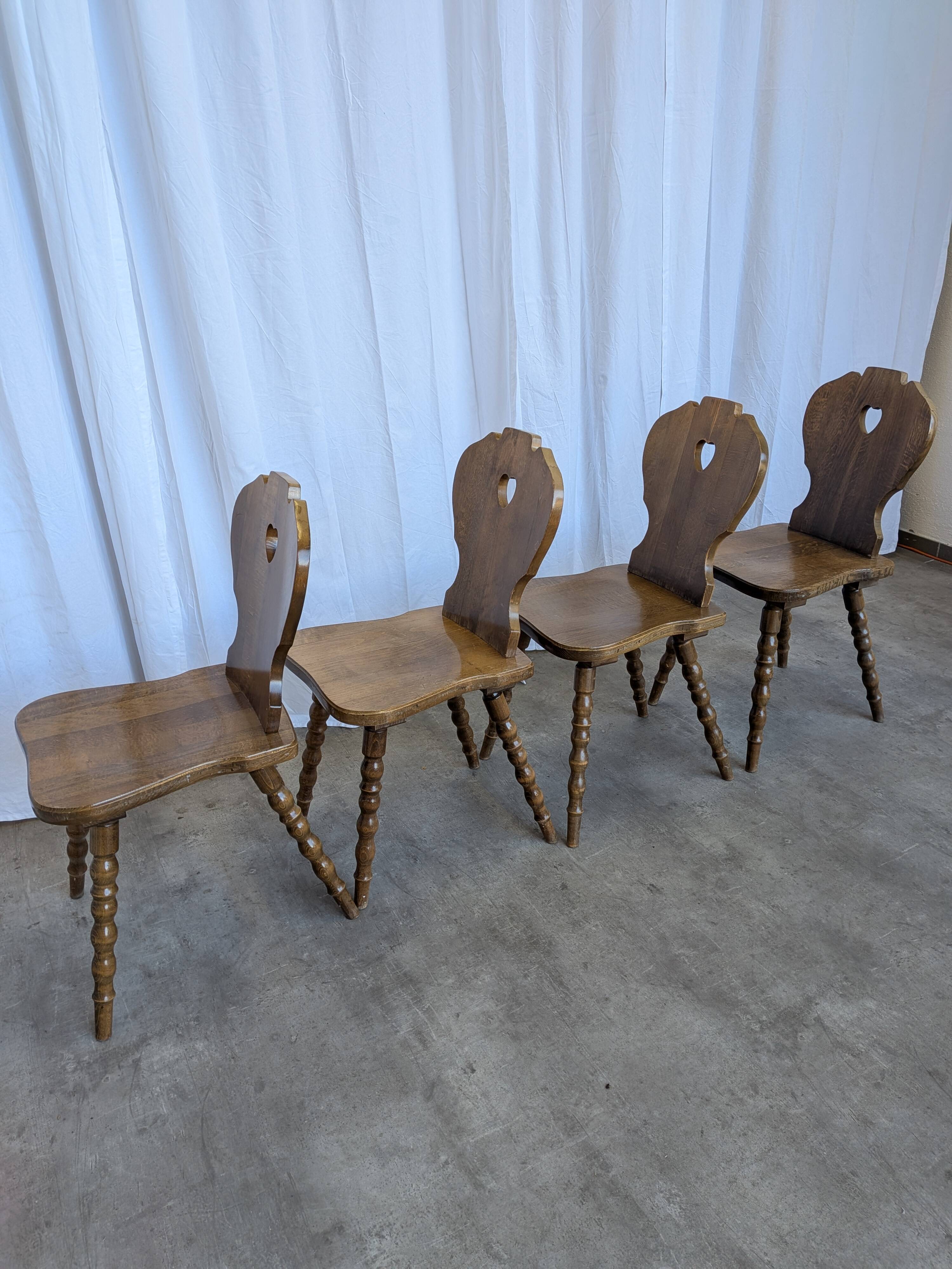Set of 4 Vintage Tyrolean Heart Cutout Wooden Dining Chairs